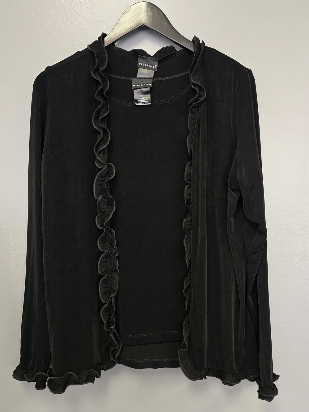 Citiknits Black Knit 2-Piece Ruffle Trim Cardigan & Scoop Neck Tank Set M